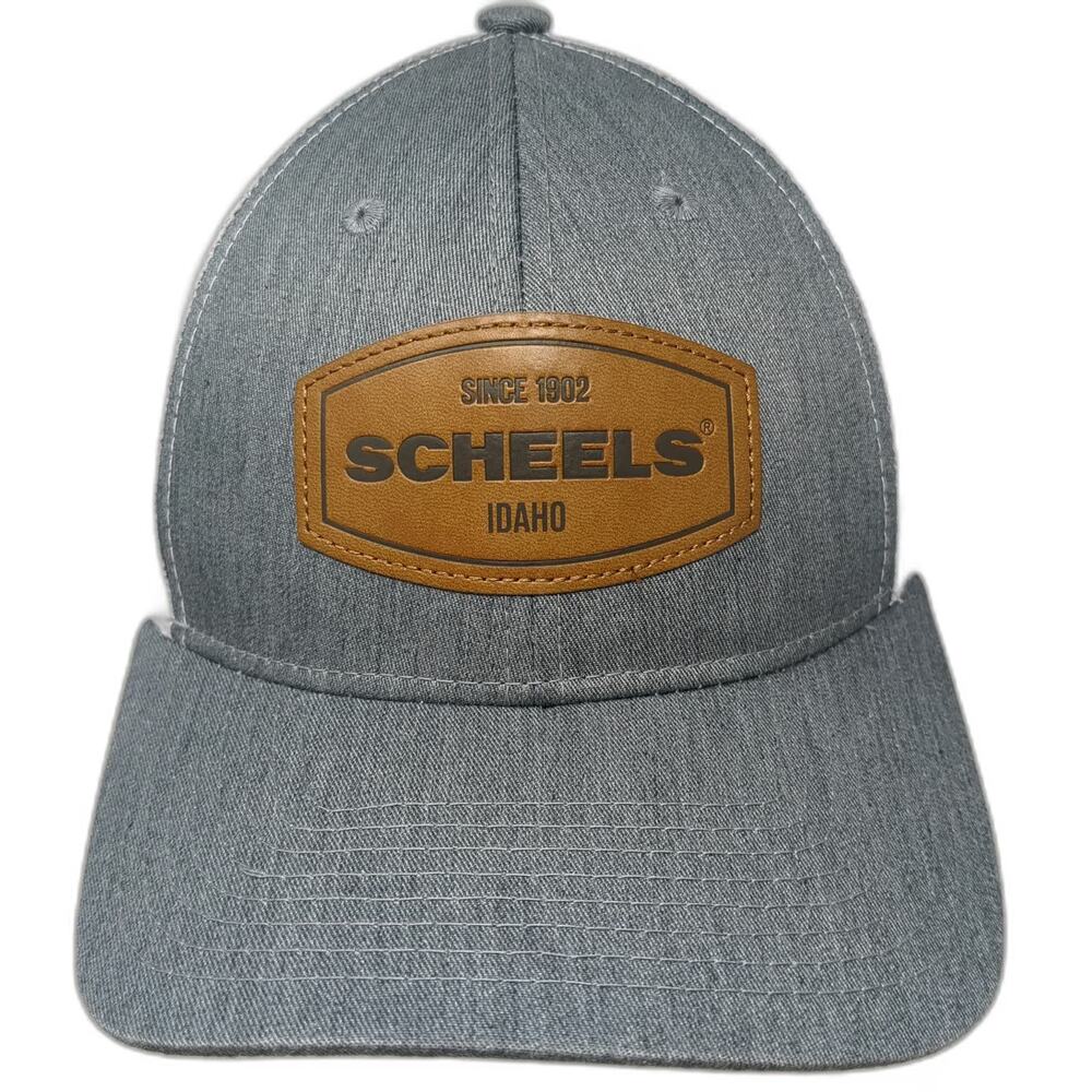 Scheels Trucker Hat Gray White Brown One Size Leather Patch Mesh Back Snapback